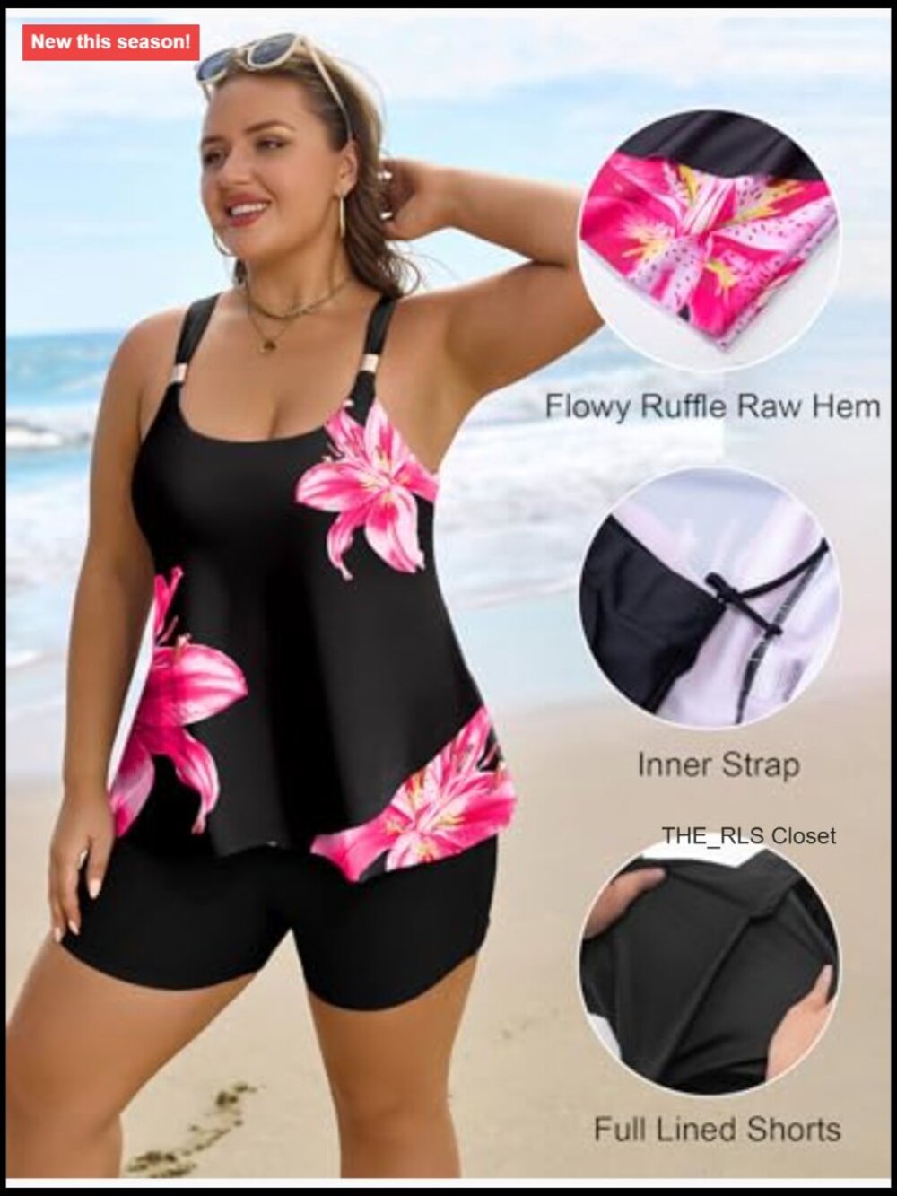 Two Piece Swimsuit Ruffle High Waisted Tankini Flowy Bathing Suit with Pockets - Picture 4 of 7